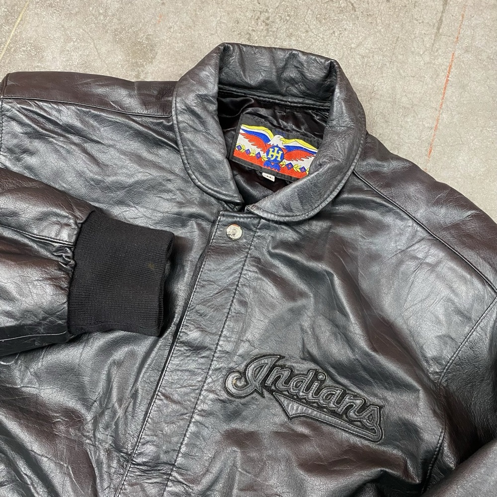 VTG Jeff Hamilton Indians Leather Bomber Jacket Black Embroidered Back Mens M